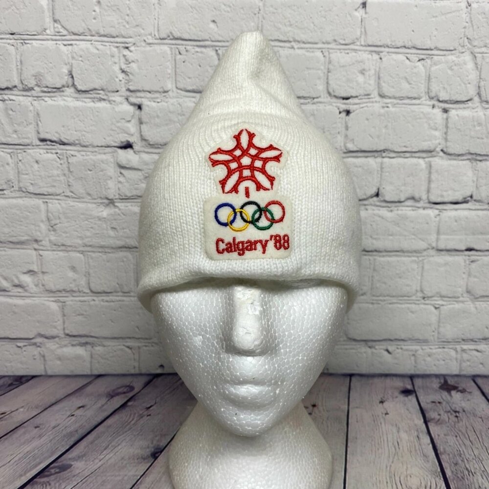 Vintage Calgary 88 Winter Olympics Beanie Hat Cap Toque White Embroidered 1988